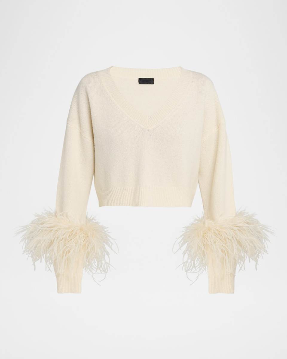 Feather-Trim Cashmere Crop Sweater